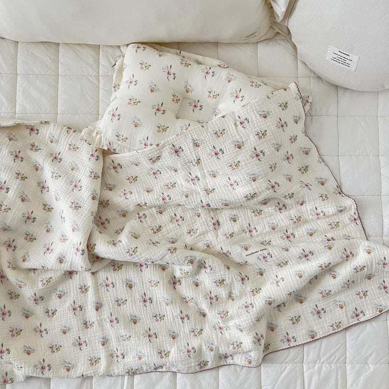 BuLuTu Large Cotton Muslin Kids Toddler Throw Blanket - 47''x51'' Reversible Lightweight Azalea Little Flower Thin Summer Quilt Baby Quilt for Crib Bed,Stroller,Travel,White - Image 1